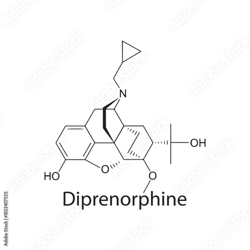 Diprenorphine molecular structure, potent opioid receptor antagonist veterinary drug, clean scientific vector diagram, skeletal chemical formula