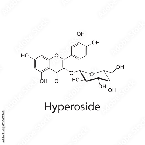 Hyperoside molecular structure, flavonoid glycoside antioxidant compound, clean scientific vector diagram, skeletal chemical formula