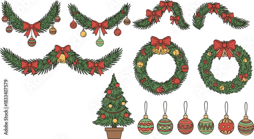 Christmas Garland, Wreath, Tree, and Bauble Ornament Set with Red Bows and Bells, Hand-Drawn Traditional Holiday Decoration Vector Collection