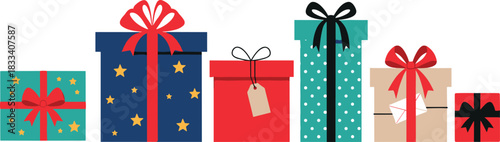 Set of Six Colorful Wrapped Christmas Gift Boxes with Bows, Ribbons, and Patterns, Various Sizes, Holiday Presents Vector Illustration Collection