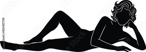 Stylized Silhouette Vector Illustration of a Woman Reclining in a Sensual Nude Pose, Representing Artistic Figure Study, Relaxation, Beauty, and Feminine Form