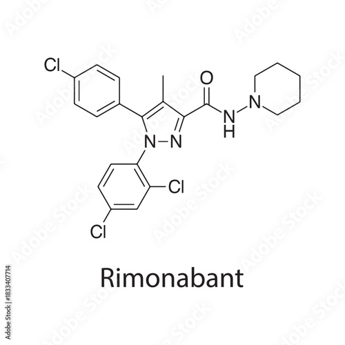 Rimonabant molecular structure, cannabinoid CB1 receptor antagonist drug, clean scientific vector diagram, skeletal chemical formula