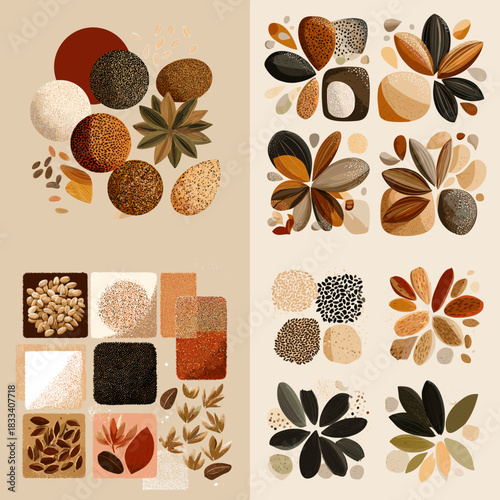 Modern abstract illustrations of grains and seeds arranged in geometric and organic shapes with earthy colors. Suitable for natural branding food themes decorative artwork and contemporary design.