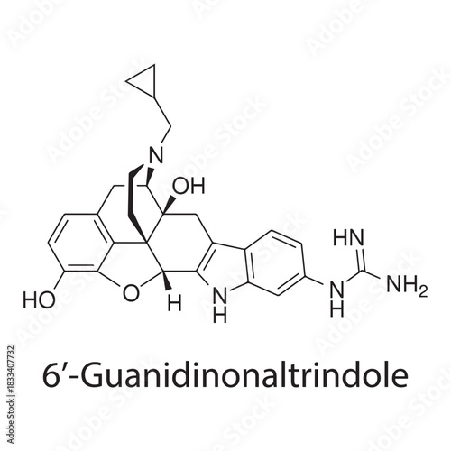 6′-Guanidinonaltrindole molecular structure, selective κ-opioid receptor antagonist, clean scientific vector diagram, skeletal chemical formula