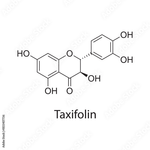 Taxifolin molecular structure, flavanonol antioxidant natural compound, clean scientific vector diagram, skeletal chemical formula