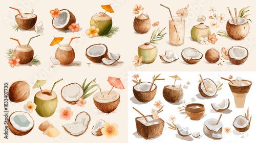 Tropical coconut illustrations featuring whole coconuts, coconut water drinks, cut pieces and flowers. Perfect for summer design beach themes food artwork exotic decor and refreshing concepts.