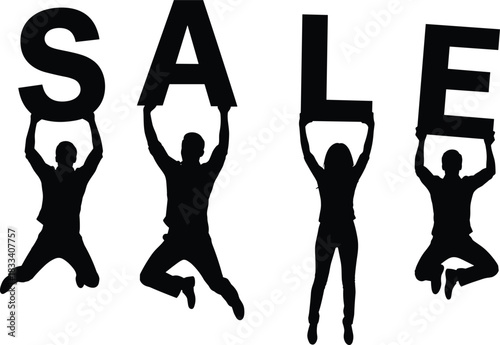 Vector Silhouettes of Young People Jumping and Holding Giant Letters Spelling "SALE," Representing Discount Shopping, Retail Advertising, Promotion, and Excitement