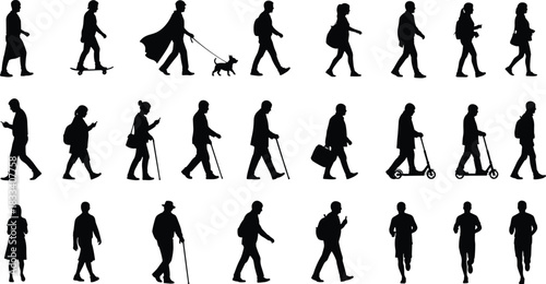 Large Collection of Diverse People Silhouettes Walking, Running, and Commuting in Various Urban and Casual Poses, Representing Modern Public Life and Pedestrian Mobility