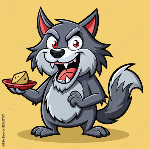 Happy cartoon wolf holding a bowl of food