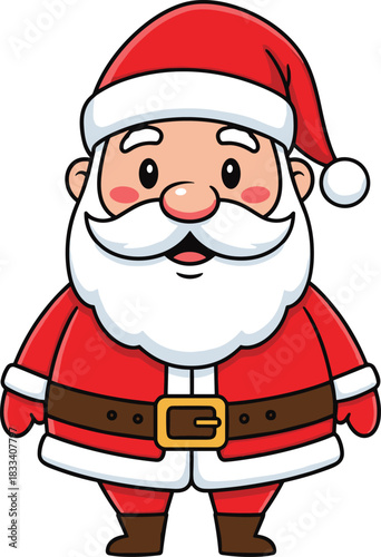 Cartoon vector illustration of a happy old Santa Claus character with a red hat, smile, and a large bag of Christmas gifts for the holiday season