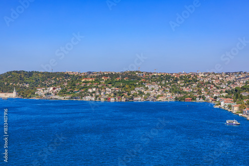 Panoramic view of bosphorus strait and european istanbul coastline under clear blue sky