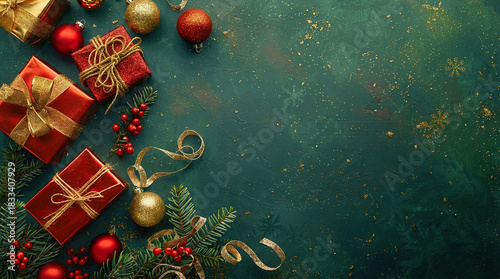 Red gifts, gold ribbons, holly, snowflakes on dark texture