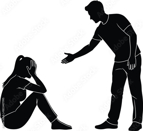 Silhouette Vector Illustration of a Man Offering a Hand to a Crying, Distressed Woman, Representing Support, Empathy, Help, Emotional Crisis, and Compassion