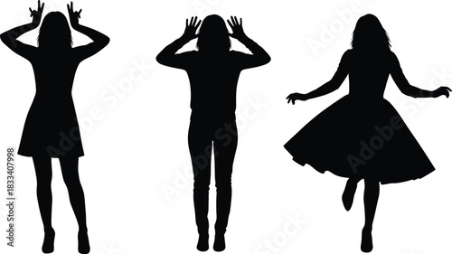 Silhouette Vector Illustration of Three Young Women in Different Playful Poses: Making Funny Faces, Dancing, and Standing with Hands Up, Representing Female Freedom and Youthful Energy