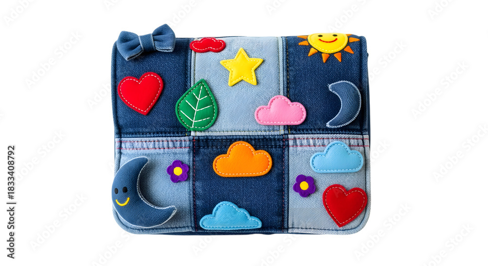 Obraz premium Handmade denim busy board with colorful felt shapes isolated on white background