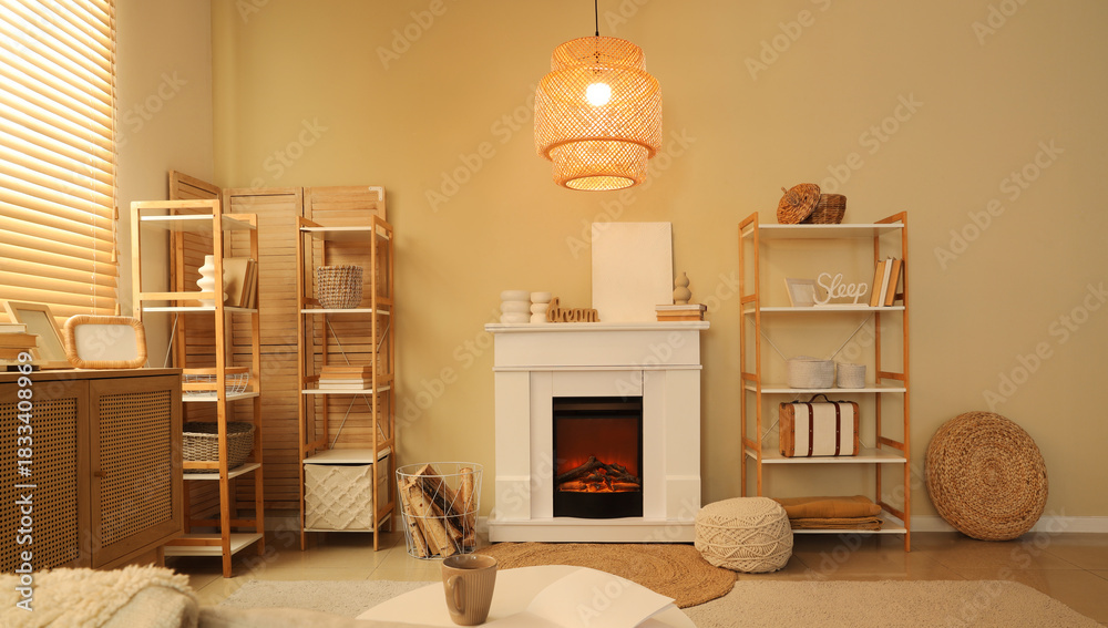 Fototapeta premium Interior of cozy living room with fireplace, shelving units and lamp