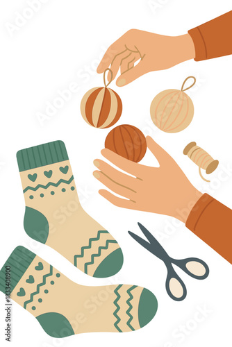 A video shows a woman's hand arranging Christmas paper balls on a table beside knitted socks, preparing for New Year celebrations, crafting handmade gifts, and creating accessories for needlework and
