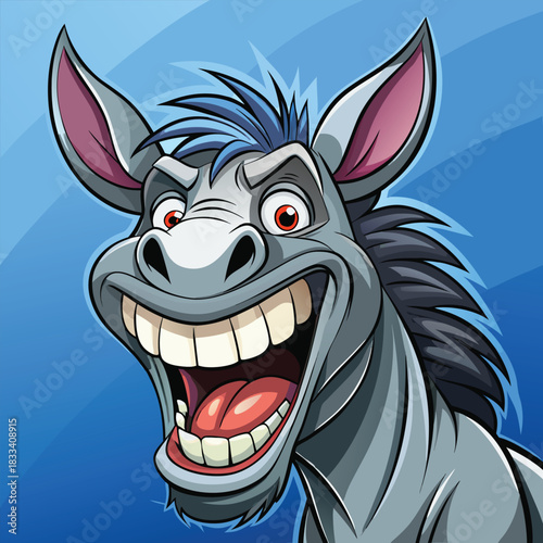 Funny cartoon donkey with a huge grinning mouth and big ears