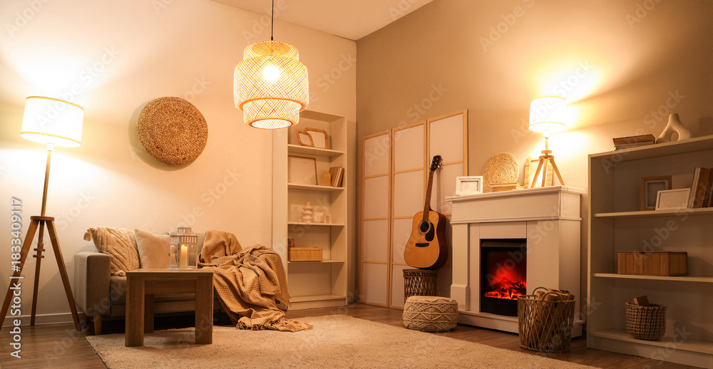 Fototapeta premium Interior of living room with fireplace, shelf units and glowing lamps in evening