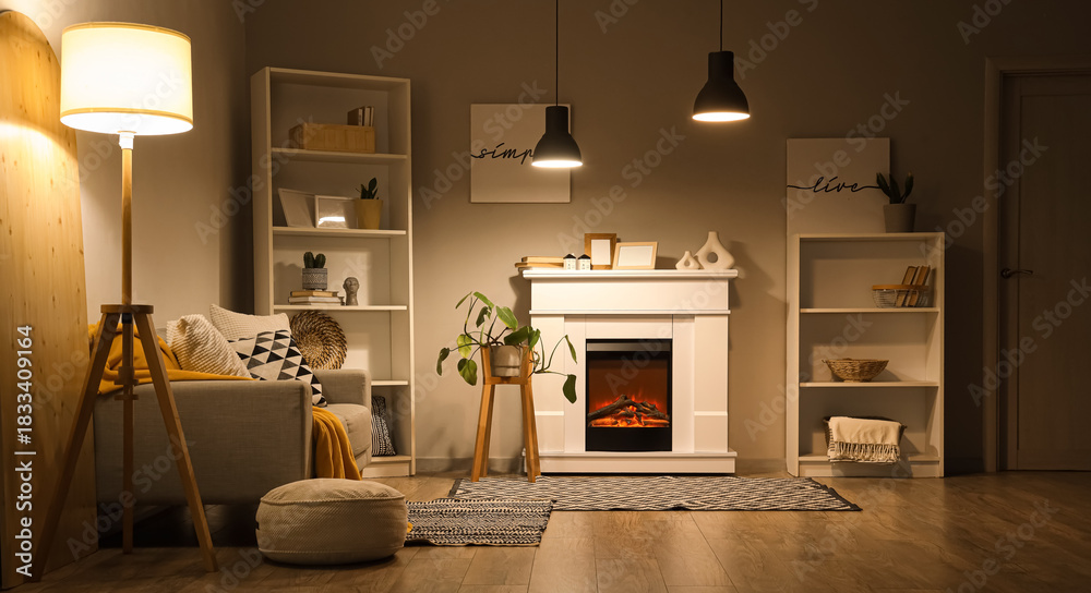 Fototapeta premium Interior of living room with fireplace, sofa and glowing lamps in evening