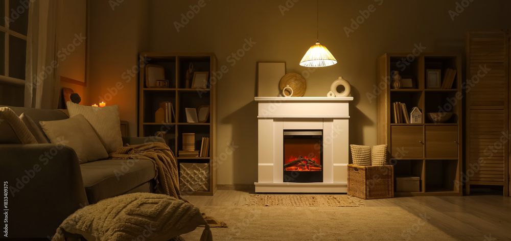 Fototapeta premium Interior of dark living room with fireplace, sofa and glowing lamp at night