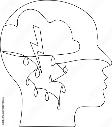 Continous line drawing of Mental health adult depression. Minimal line illustration of head in stress and depression concept. Editable line art. Doodle line illustration.