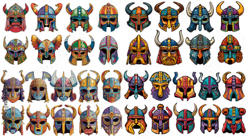 Bold colorful Viking helmets with horns detailed metalwork and Nordic motifs. Suitable for historical design warrior themes fantasy artwork mythology projects and decorative illustration.