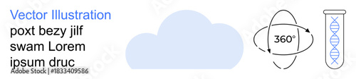 Cloud computing, data storage, science technology, genetics research, innovation, science communication. A cloud, DNA helix and rotational graphic . Cloud computing and genetics research