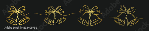 Set of four golden outline christmas bells with bows on black