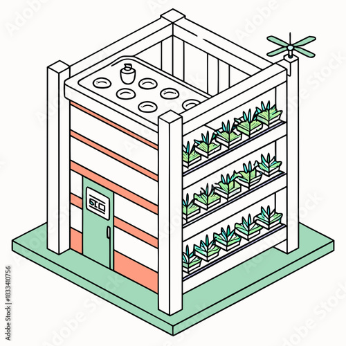 Vertical Farming & Hydroponics Vector: Isometric Illustration of an Urban Farm Building with Tiered Plant Shelves and Automated Smart Agriculture Technology