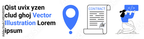 Business, location, software development, contracts, documentation, communication. Visual of a location pin, contract document and person with a code snippet. Business and location concept