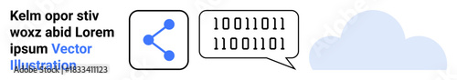 Data sharing, binary communication, cloud computing, digital storage, technology integration, coding systems. Network sharing icon, binary code speech bubble cloud. Data sharing and binary