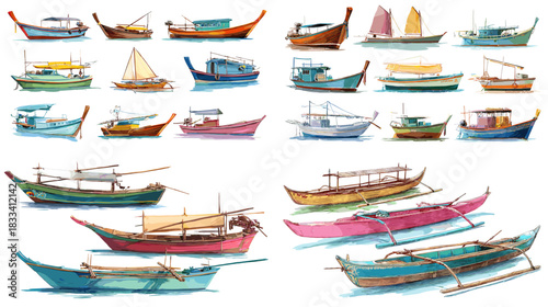 Watercolor illustrations of traditional fishing boats in bright pastel colors. Suitable for coastal design marine themes travel artwork nautical decor and island inspired creative projects.