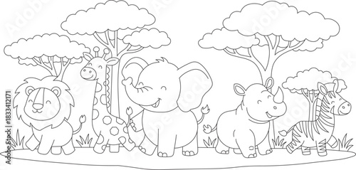 Happy Safari Friends Adorable Outline Drawing of a Lion, Elephant, Giraffe, Rhino, and Zebra in the Savannah