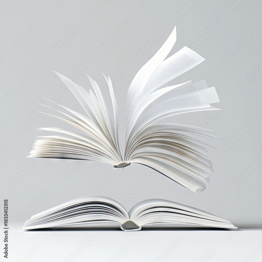 Obraz premium Two open books with pages in mid-air against a neutral background. One book is resting on a surface while the other is floating above it.