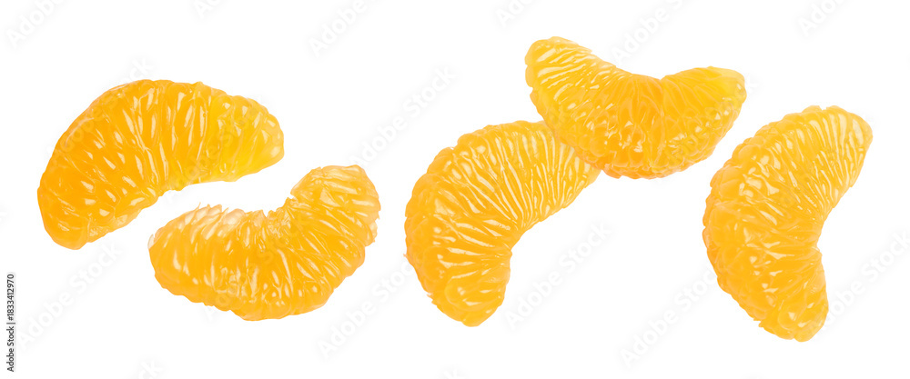 Naklejka premium Peeled tangerine segments falling on white background. Citrus fruit