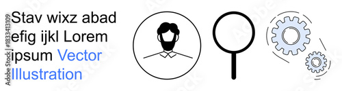 Identity verification, technical analysis, user interface, problem-solving, productivity, digital systems. A user profile, magnifying glass and gears. Identity verification and technical analysis
