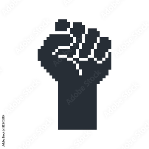 Black raised fist protest symbol pixel art. Old style retro. Vector icon