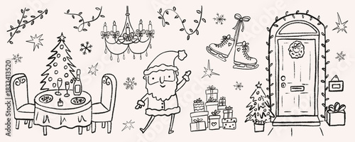 Festive Christmas doodle sketch with a decorated dinner party table, dancing Santa, hanging skates, and a front door framed in lights. Presents, trees, and garlands create a cozy holiday party mood.