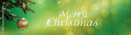 Merry Christmas and Happy winter holidays. Greeting card with fir tree, festive ornament and bokeh lights on green background