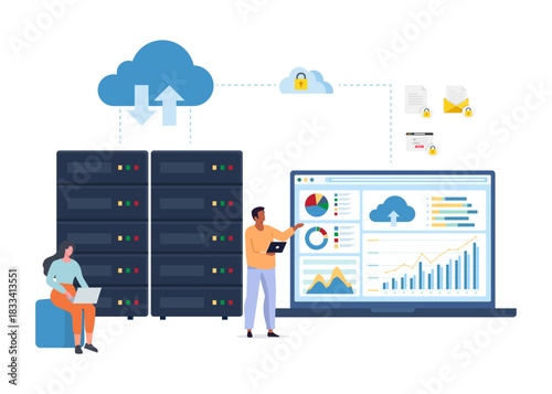 People working on a laptop and server or cloud computing concept stock illustration.
