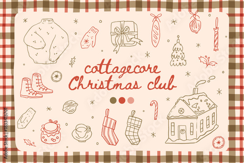 Christmas collection of cozy cottagecore decorative elements. Hand drawn charming doodle cottage core aesthetics. Vintage ornaments, decor, sticker elements on a plaid checked tartan background