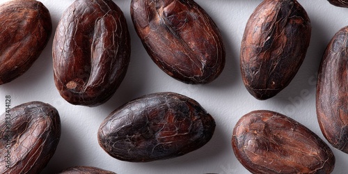 Wallpaper Mural Cocoa beans arranged on a light surface emphasizing their rich color and texture in a close view Torontodigital.ca