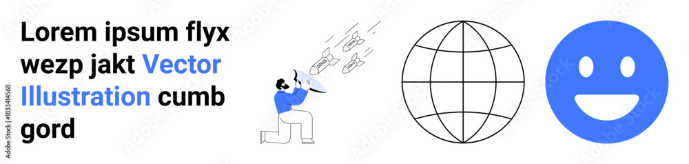 Fototapeta premium Communication, global outreach, messaging systems, digital networking, social connectivity, information technology. A person with a megaphone, a wireframe globe and a happy symbol. Communication