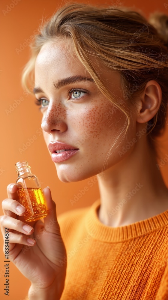 Fototapeta premium A woman holding a bottle of essential oil in her hand