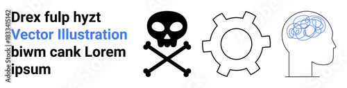 Skull symbol represents danger or toxicity, gear embodies work or mechanisms, and human head shows thought processes. Ideal for warning, engineering, psychology, education, productivity, health