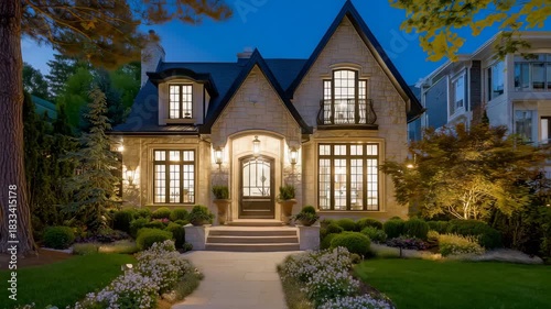 Wallpaper Mural 144Stunning twilight exterior of a newly constructed luxury residence, stone façade glowing under warm window lights, artfully maintained landscaping surrounding the traditional-meets Torontodigital.ca