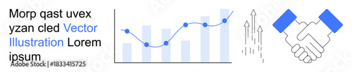 Business strategy, data analysis, partnerships, economic growth, collaboration, market trends. Includes a bar chart with a trendline, upward arrows and a handshake graphic. Business strategy