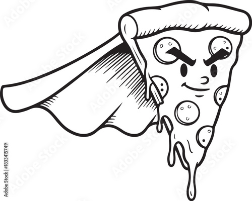 A heroic slice of pizza with a determined face and flowing cape, a fun hand-drawn cartoon illustration, perfect for food, humor, and comic themes.