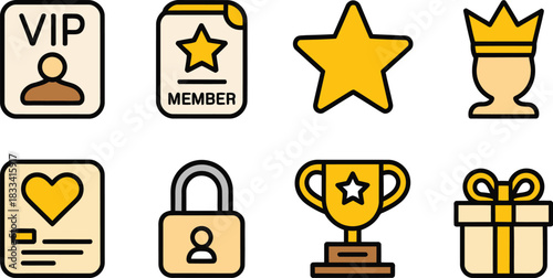 Diverse vector icons for loyalty, membership, and rewards, featuring thin black outlines, beige and yellow fills, rounded corners, and uniform line weights